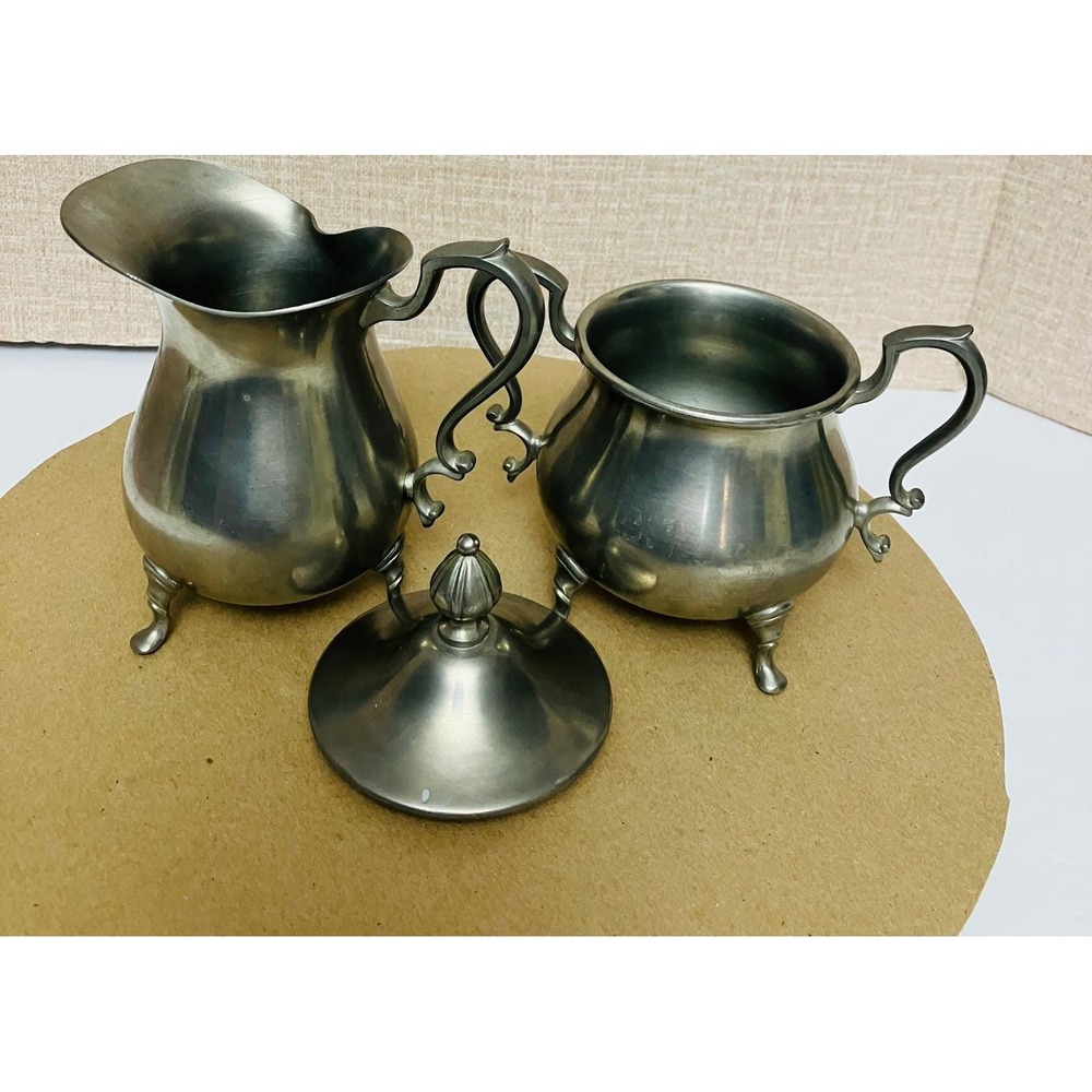 Stiff  Pewter Williamsburg Cream and Sugar Set Silver Excellent Footed Vintage